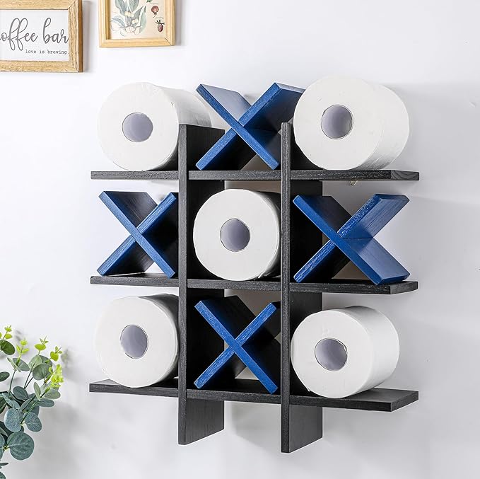 Weysat Tic Tac Toe Toilet Paper Holder Stand Bathroom Wall Decor Rustic Wooden Hanging Storage Freestanding Wall Mounted Shelves Decor for Toilet Tissue Farmhouse