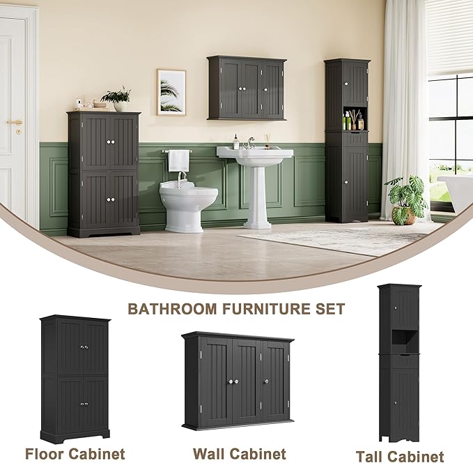 Bathroom Wall Cabinet with 3 Doors, Laundry Cabinet Wall Mounted, Black