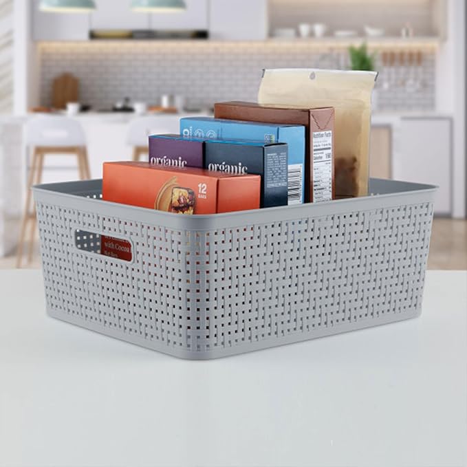 6-Pack Short Basket, Woven Plastic Storage Baskets for Organization, Cement