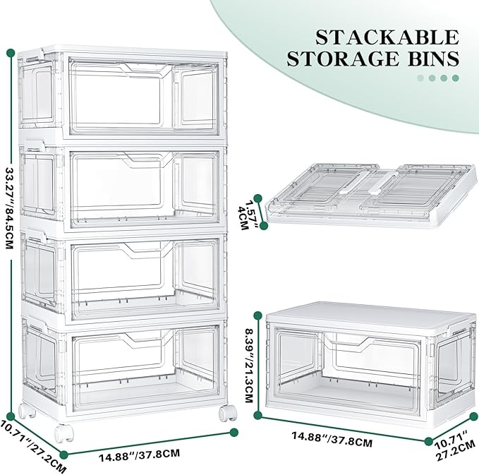 Clear Storage Bins with Lids, 4 Tier Plastic Bins with Wheels