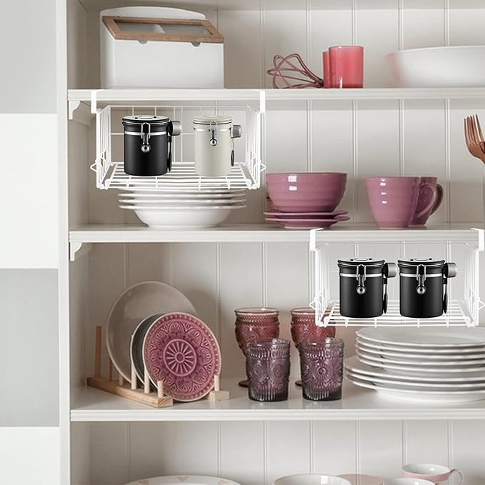 Under Shelf Basket Storage, Steel Under Shelf Hanging Wire Baskets Shelves for Laundry Room Kitchen Desk Pantry Bookshelf (White, 2 Pack)