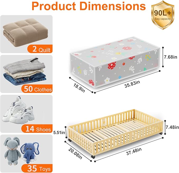 Bamboo Under Bed Storage Containers with Wheels, 40L UnderBed Drawers with Dust Bag, Breathable Under Bed Shoe Storage, Rolling UnderBed Clothes Storage, 2Pack