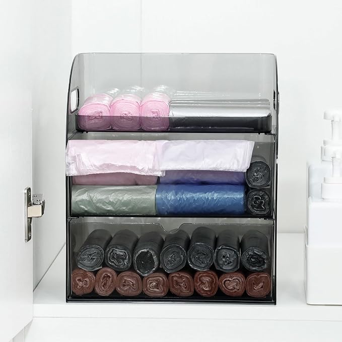 Plastic Under Sink Organizer with Drawers, Gray Kitchen and Pantry Storage Container for Trash Bags, Dishwasher Detergents, Sponge, Large Laundry Pods Dispenser with Handle for Cabinet
