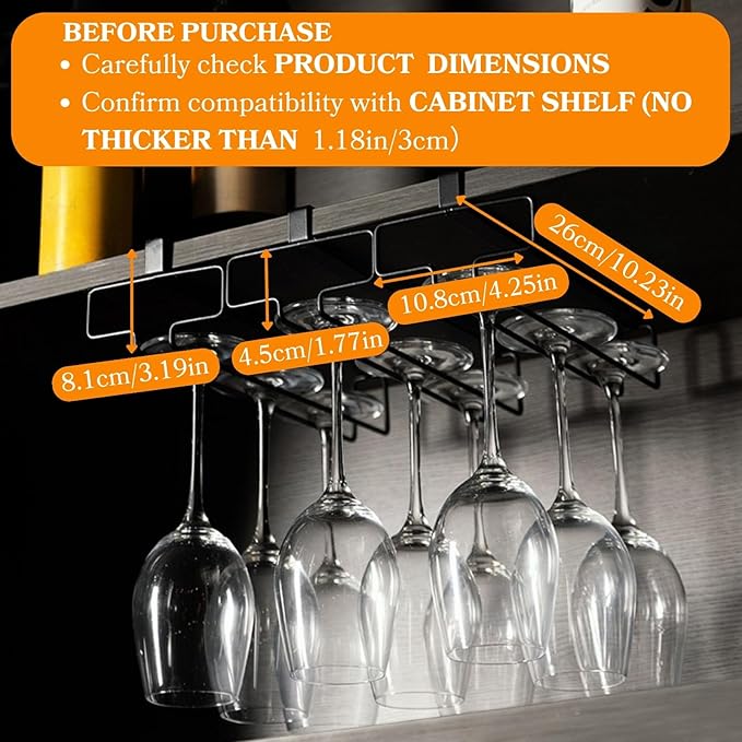 LINFIDITE Wine Glass Holder 2PCS Stemware Rack Hanger Under Cabinet Wine Glass Rack Kitchen Hanging Storage Rack Organizer,Black (For Partition Thickness under 1.18")
