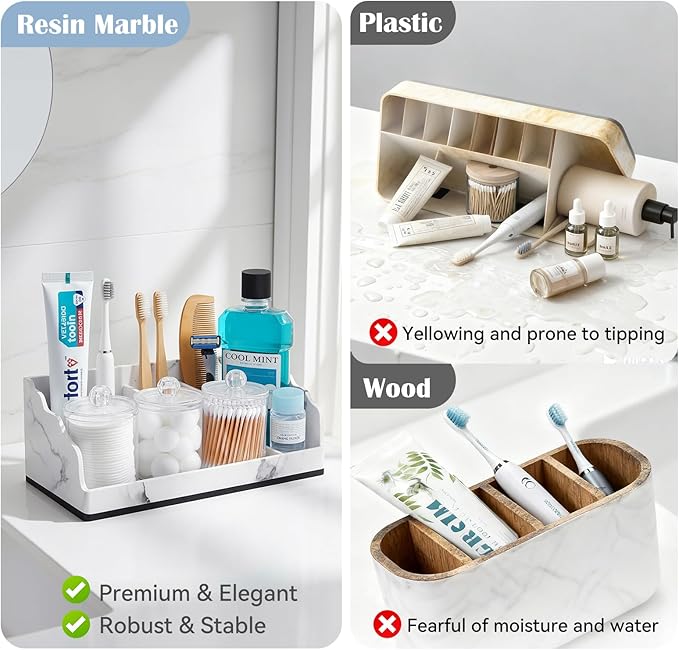 TuCao Bathroom Counter Organizer with 3PCS Qtip Holder, Marble Toothbrush Holders for Bathrooms, Bathroom Organizers and Storage with Drain Holes, Electric Toothbrush Holder, Vanity Organizer