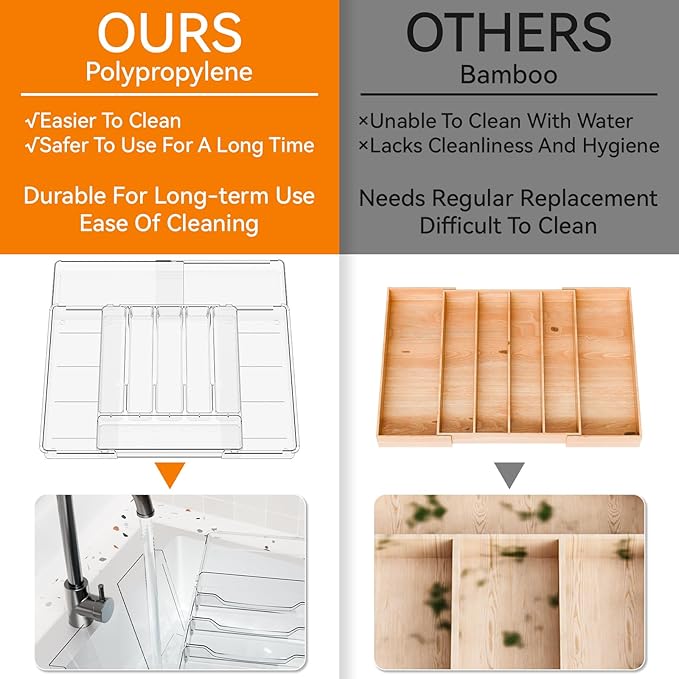 Clear Large Expandable Silverware Organizer and Kitchen Utensil Drawer Organizer