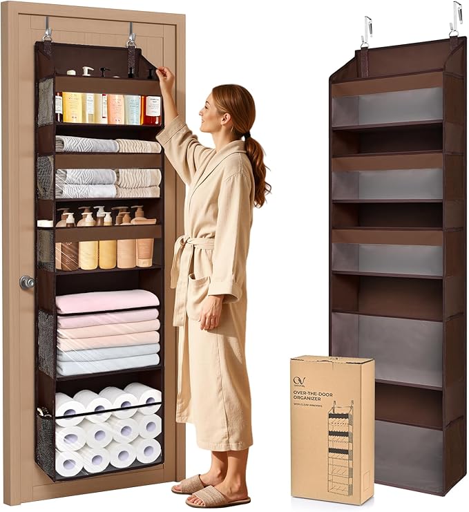 5 Tiers Over Door Organizer with 10 Mesh Side Pockets, Dark Brown