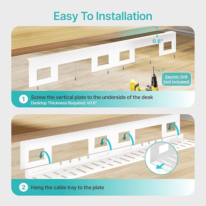 Under Desk Cable Management Tray, 31.5 Inches Metal Cord Organizer Rack, White