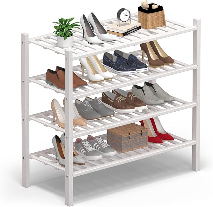 Haddockway 4 Tier Bamboo Shoe Rack Storage Organizer, Multifunctional Free Standing Stackable Shoe Shelf with Grid Panel for Closet,Hallway,Entryway,Small Space 27"x11"x26"