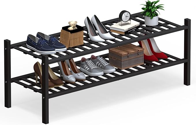 Haddockway Long 2 Tier Bamboo Shoe Rack Storage Organizer, Multifunctional Free Standing Stackable Shoe Shelf with Grid Panel for Closet,Hallway,Entryway,Small Space 34.2"x11"x13"