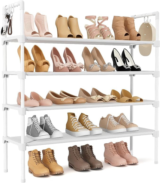4 Tier Shoe Rack for Closet Shoe Organizer with 5 Hooks, White