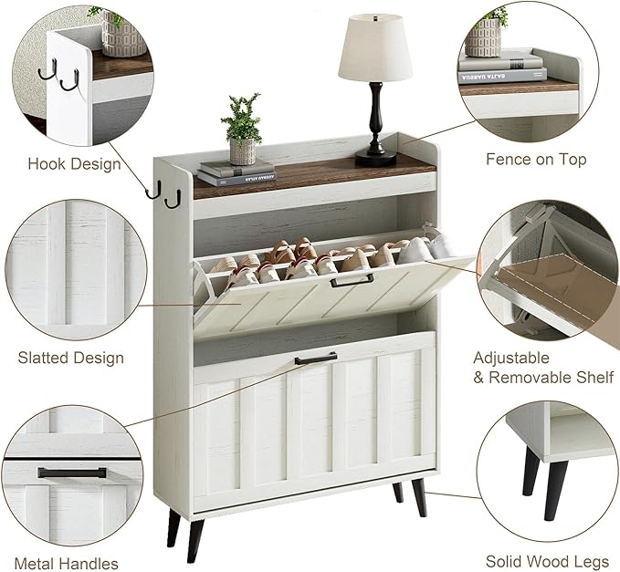 ChooChoo Shoe Storage Cabinet with 2 Flip Drawers, Freestanding Hidden Slim Narrow Shoe Rack Cabinet, Farmhouse Shoe Organizer Storage for Entryway, Antique White & Brown