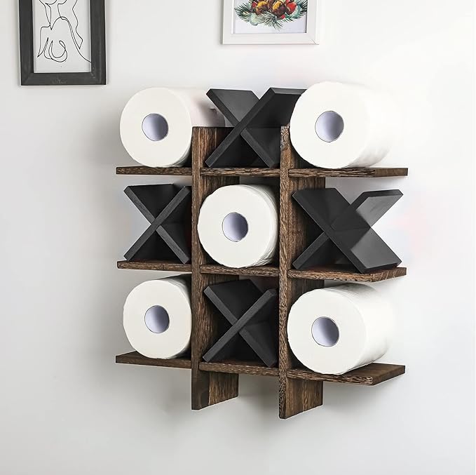 Weysat Tic Tac Toe Toilet Paper Holder Stand Bathroom Wall Decor Rustic Wooden Hanging Storage Freestanding Wall Mounted Shelves Decor for Toilet Tissue Farmhouse