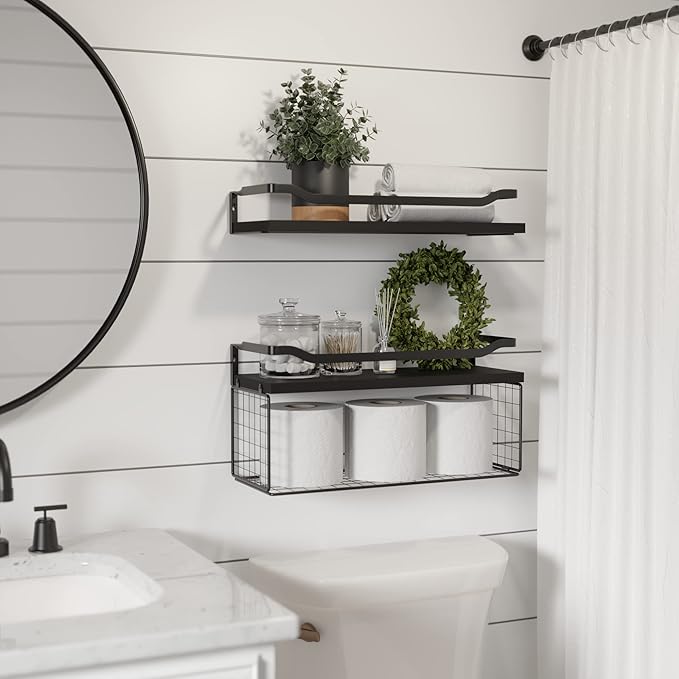 Floating Shelves with Wire Storage Basket, Toilet Paper-Black