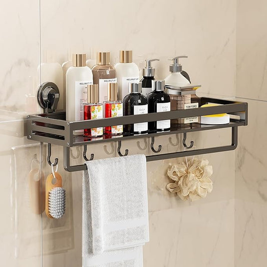 Suction Cup Shower Caddy, 11.8 inch Extended Version, With 5 Hooks & Towel Rrack