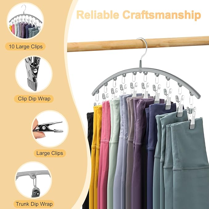 Volnamal Legging Organizer for Closet, Metal Yoga Pants Hanger w/Rubber Coated 1 Pack w/10 Clips Hold 10 Leggings, Hangers Space Saving Hanging Closet Organizer for Closet Organizers and Storage-Gray