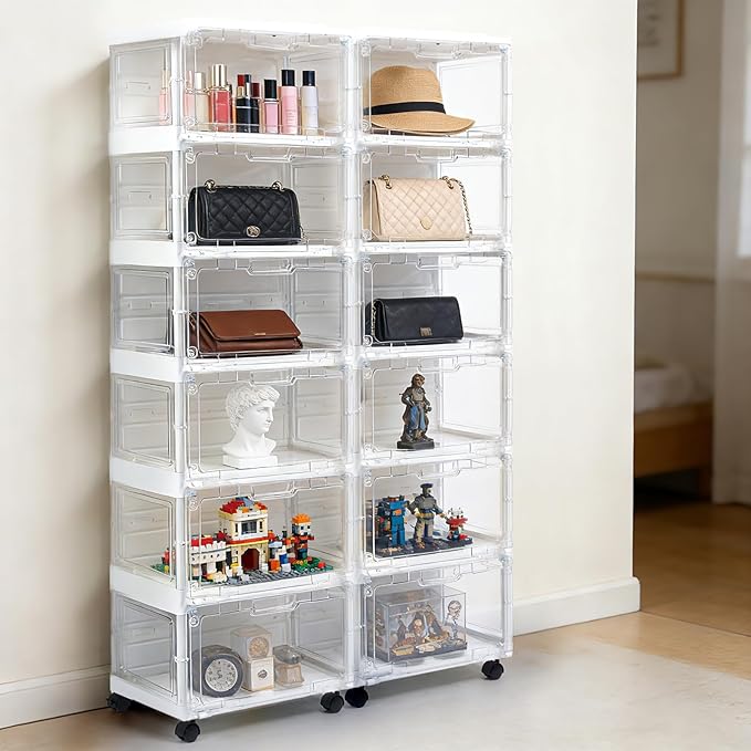 SAYMA LED Shoe Storage Box, Clear Shoe Storage Organizer with Magnetic Door, Stackable Plastic Shoe Cabinet with Wheels, Foldable Shoe Rack for Closet, Easy Assembly Shoe Cabinet for Entryway