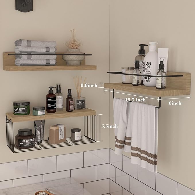 PopiShelves Bathroom Shelves Over Toilet for Wall, Floating Shelves with Storage Basket Paper Holer for Kitchen Living Room, Bedroom & Classroom, Set of 3 (Nature Wood)