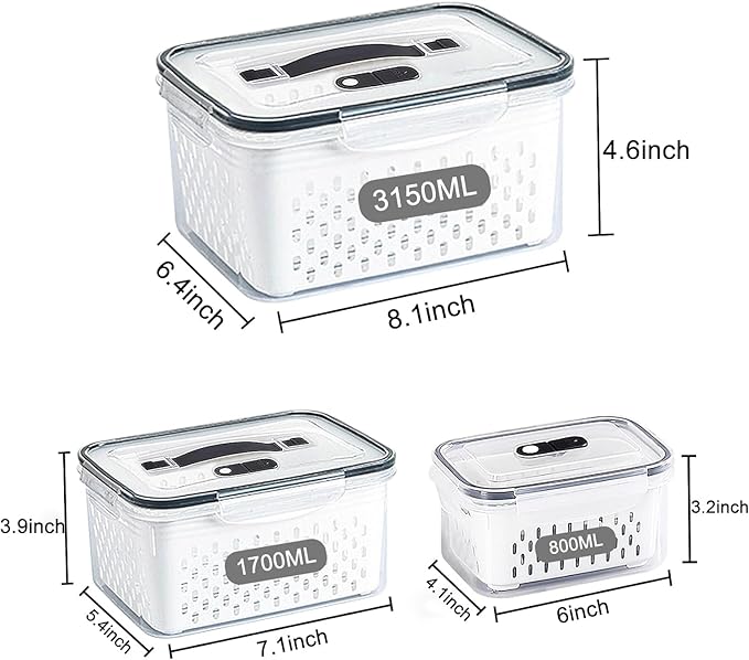 Fruit Storage Containers for Fridge with vent holes and handle，Airtight Food Storage Containers Keep Fruits, Vegetables, Berry, Meat Fresh longer,BPA-free Fridge Storage Container with Lid (3 Pack)
