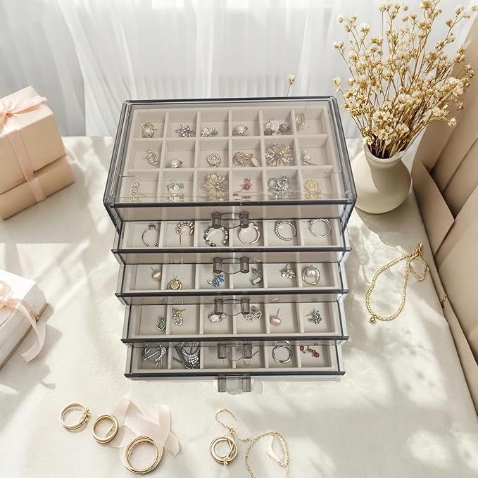 Acrylic Earring Holder Organizer with 5 Drawers Clear Earring Organizer Box with 90 Adjustable Grids Velvet Earring Display Case Jewelry Organizer for Earrings Rings Studs (Brown Beige)