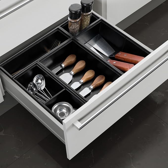 Bamboo Drawer Organizer, 5 PCS Black Silverware Tray&Desk Organizers and Storage