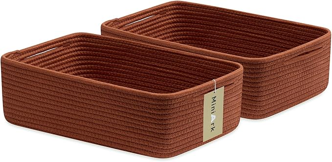 MiniArk Large Shallow Organizing Baskets 15x11x5.1 Inches - Rope Woven Storage Bins for Bathroom, Shelves, Cube Closet, Red 2 Packs
