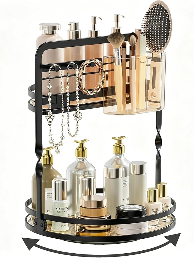 360 Rotating Makeup Organizer, 2-Tier Black Perfume Organizer for Dresser, Bathroom Counter Organizer, Lazy Susan Vanity Tray Spinning Skincare Storage with Jewelry Hooks & Makeup Brush Holder