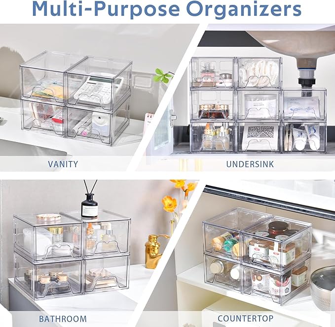 Plastic Drawers Storage, 4 Pack Clear Stackable Storage Drawers
