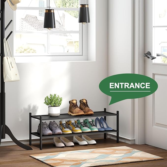 kiplant Black Shoe Rack, 2-Tier Long Shoe Rack, Stackable Bamboo Wood Shoe Shelf for Closet, Entryway & Hallway