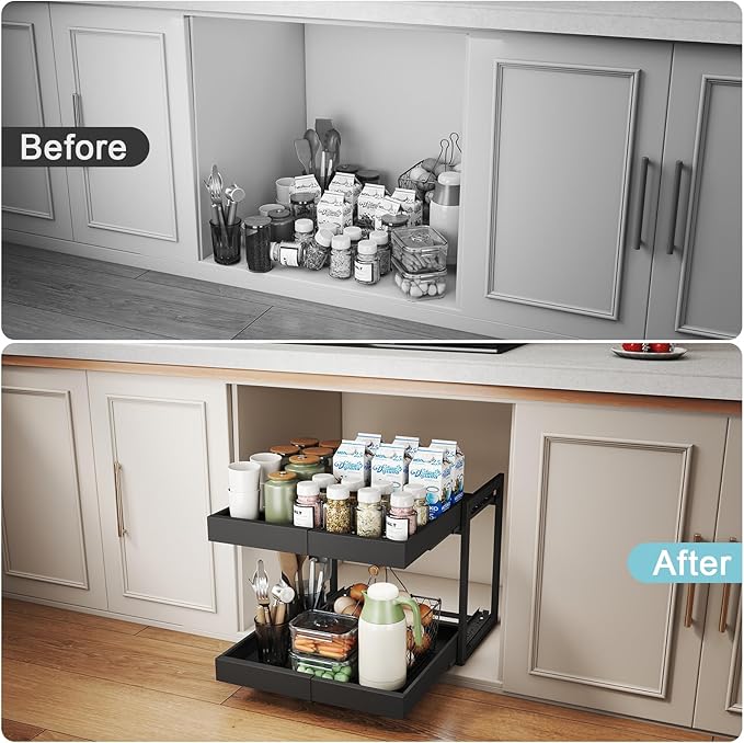 Golener 2-Tier Expandable Pull Out Cabinet Organizer - 21" Deep Pull-Out Drawers for Kitchen Cabinets, 2 Slide Home Storage Organizers, Slide Out Shelves for Base Cabinet Organization in Kitchen,Black