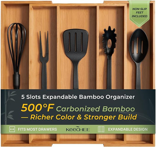 Carbonized Bamboo Kitchen Drawer Organizer, Non-Slip Feet Included.