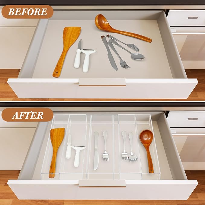 Teenyyou 2 Packs Expandable Kitchen Drawer Organizer Clear Acrylic Utensil Organizer Adjustable Acrylic Silverware Storage for Drawers Silverware Flatware Knives (12 x 16 Inches,3-5 Compartments)