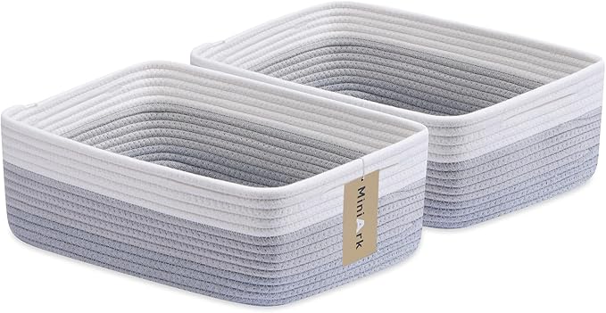 MiniArk Large Shallow Organizing Baskets 15x11x5.1 Inches - Rope Woven Storage Bins for Bathroom, Shelves, Cube Closet, Gradient Grey 2 Packs