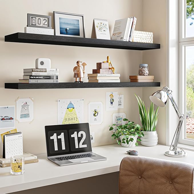 Fixwal Floating Shelves for Wall, 47" Long Heavy Duty Wall Mounted Rustic Wood Shelves for Living Room, Bedroom, Bathroom and Kitchen, Wall Shelves for Storage, Books, Room Decor (Black, Set of 2)