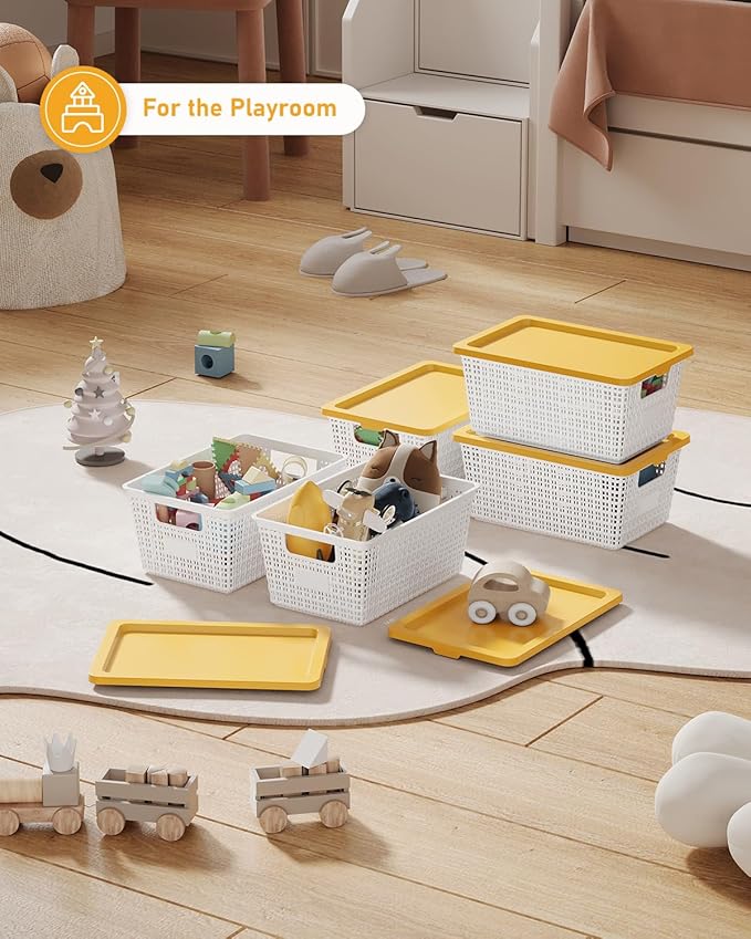 EOENVIVS Storage Bins Bakets with Lids 6 Pack, Stackable Organizer Bins for Small Spaces, Pantry, Closet & Bathroom, Secure Snap Lids, 11x7x5 Plastic Storage Containers for Shelf Organization, White