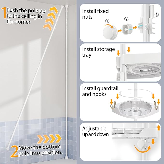 Shuang qing 360° Rotating Corner Shower Caddy Tension Pole Organizer, White