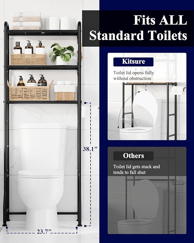Kitsure Over Toilet Storage Rack - Metal Over Toilet Bathroom Organizer Shelf, Over the Toilet Storage Cabinet with Paper Holder and Hooks, Bathroom Cabinet for Laundry, Black, 3 Tiers (63.2" H)