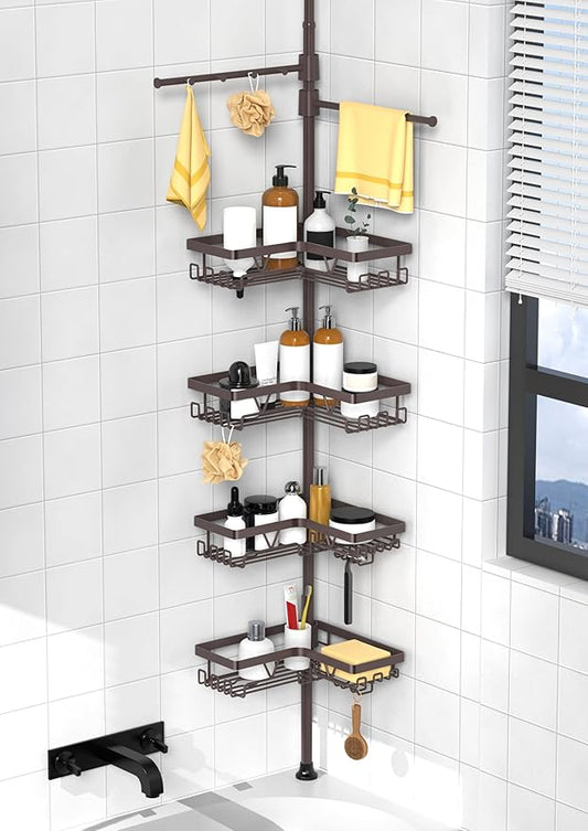 Shower Caddy Tension Pole with 2 Towel Bars, Bronze