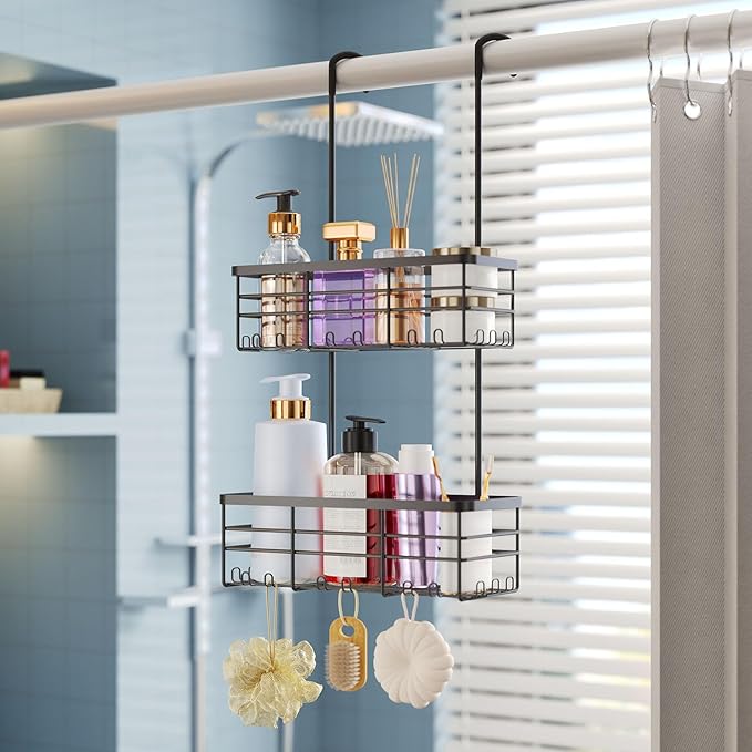 Hanging Shower Caddy Organizer, No Drilling Shower Organizer with Hooks, Black