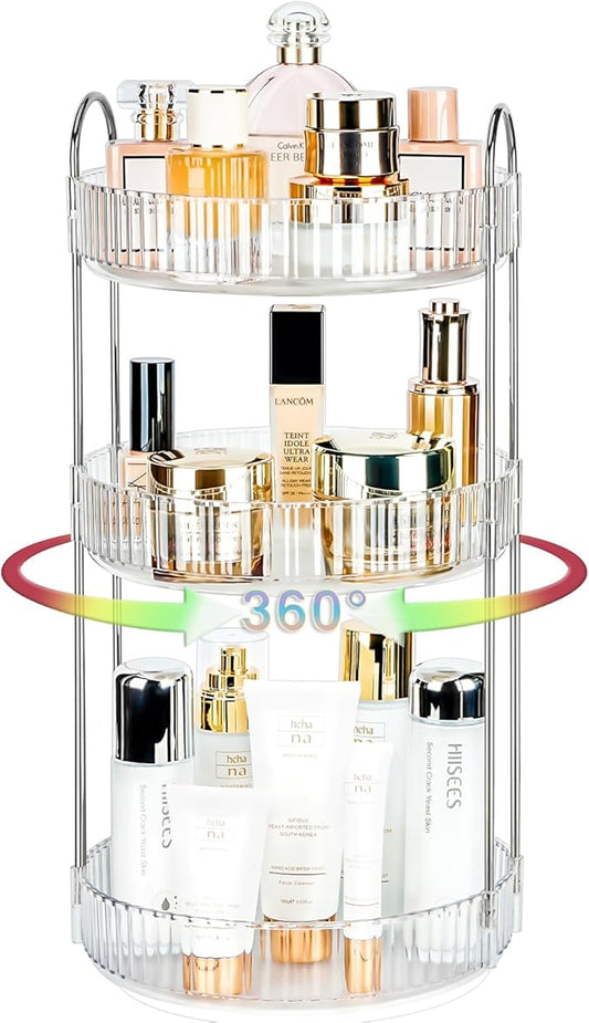 360 Rotating Makeup Organizer, Silver Clear, 3 Tier