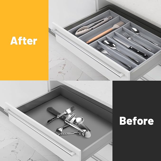 Kitchen Bamboo Silverware Organizer, Kitchen Drawer Organizer, Grey