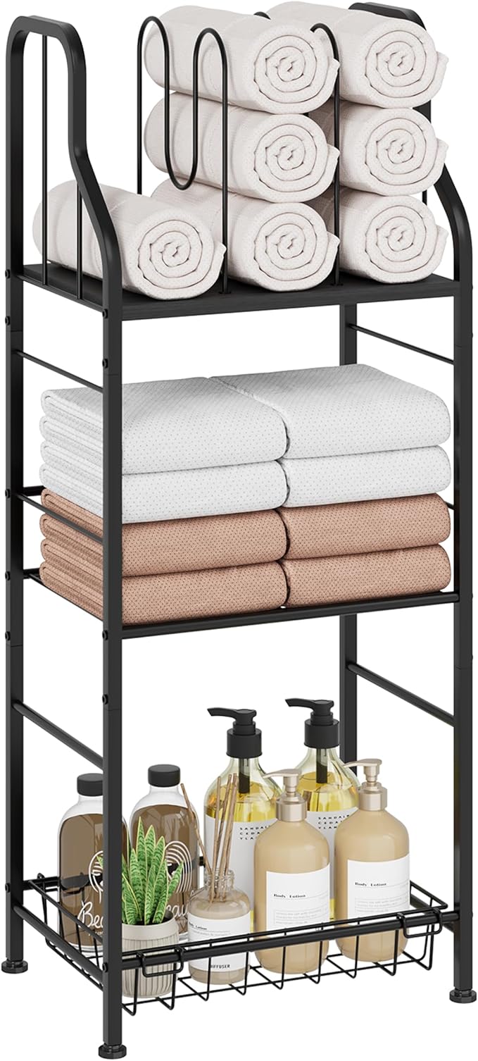 SWTYMIKI Free Standing Towel Rack - 3 Tier M-Shaped Detachable Dividers Towel Shelf for Bathroom, Durable Metal Pool Towel Holder, Modern Space-Saving Bath Towel Storage Organizer