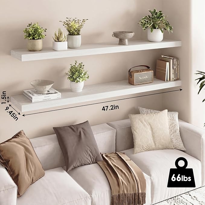 Fixwal Floating Shelves for Wall, 47" Long Heavy Duty Wall Mounted Rustic Wood Shelves for Living Room, Bedroom, Bathroom and Kitchen, for Storage, Books, Room Decor (White, Set of 2)