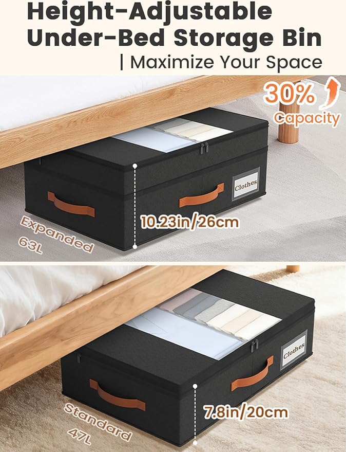 TOSKING 2-Pack Under Bed Storage Drawers with Wheels, 6 Vacuum Bags, Adjustable Height 7.9-10.2", 63L/80 lbs Clear Lid Rolling Bin, 900D Oxford, Space Saver for Dorm Bedroom Clothes Shoes, Black