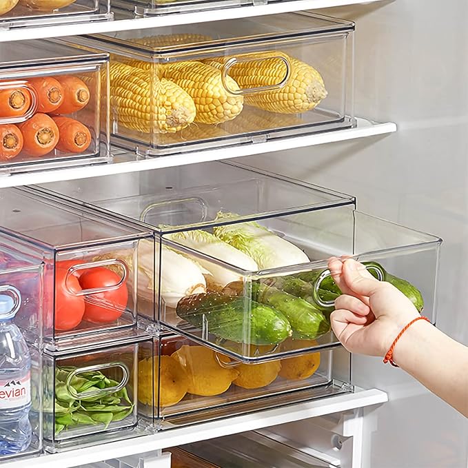 7 pack Stackable Refrigerator Organizer Bins Pull-Out Drawers for Fruit and Veggies Storage Organizer for Fridge Clear Drawer Containers with Handle Divided Organization for Produce Saver