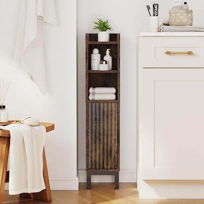 FerniTry Small Bathroom Storage Cabinet, Corner Floor Narrow Toilet Paper Cabinet with Door and Shelves,Bathroom Organizer with Adjustable Shelf, for Small Spaces (Rustic Brown)