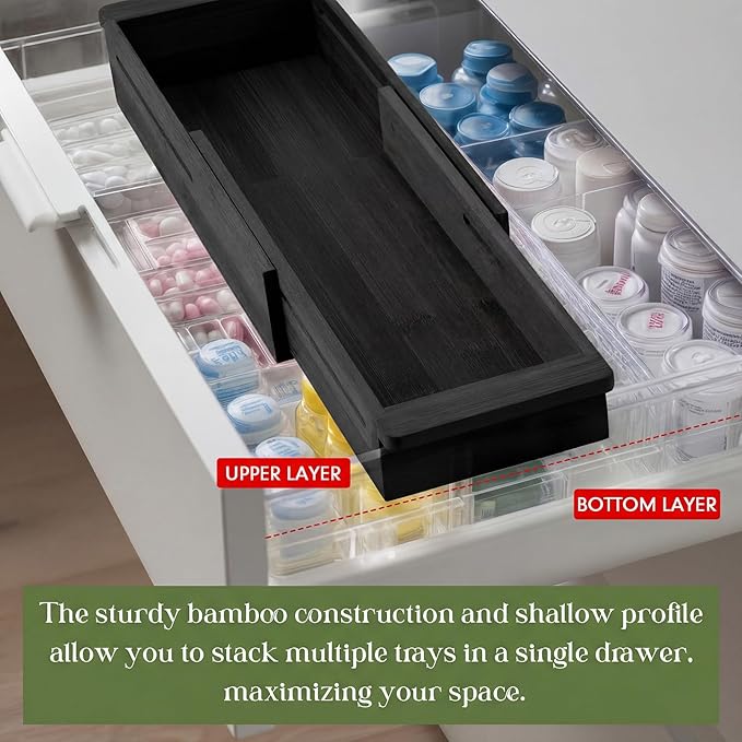 LemonRoad 1 Pcs Sliding Drawer Organizer Bin Bamboo Drawer Expandable Bins Utensil Organizer for Kitchen Spoons Forks Knives (Black)