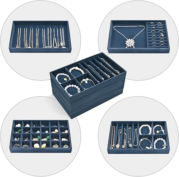 ProCase Stackable Jewelry Organizer Trays for Drawers, Jewelry Drawer Inserts Container Display Case Storage for Earring Necklace Rings Bracelet with Removable Dividers -Darkblue, 4 Layers