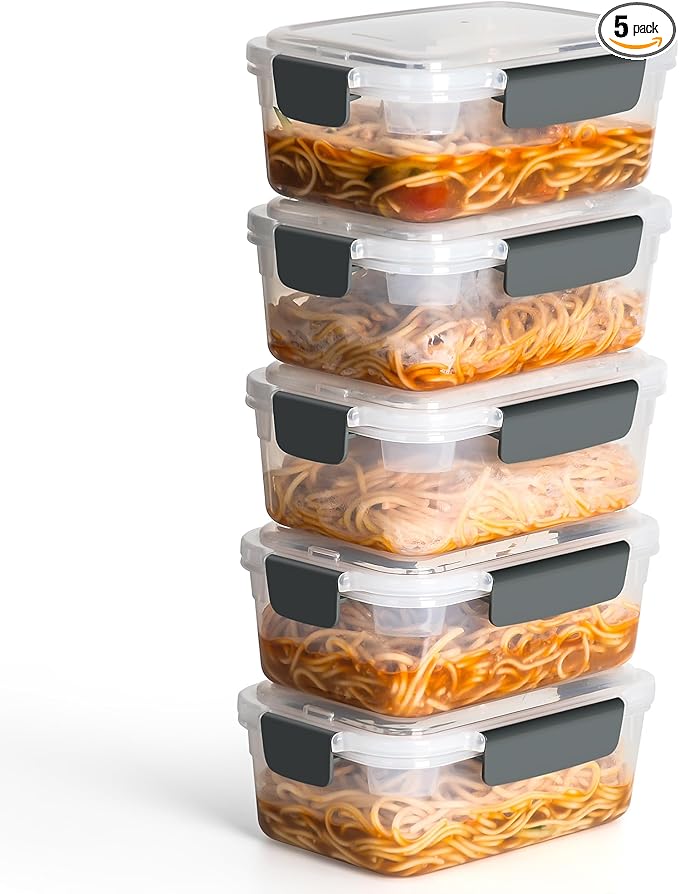 YORY 5 cup Plastic Food Storage Containers with Lids Nestable Freezer Dishwasher Safe Rectangle Meal Prep Container Set,5-Pack