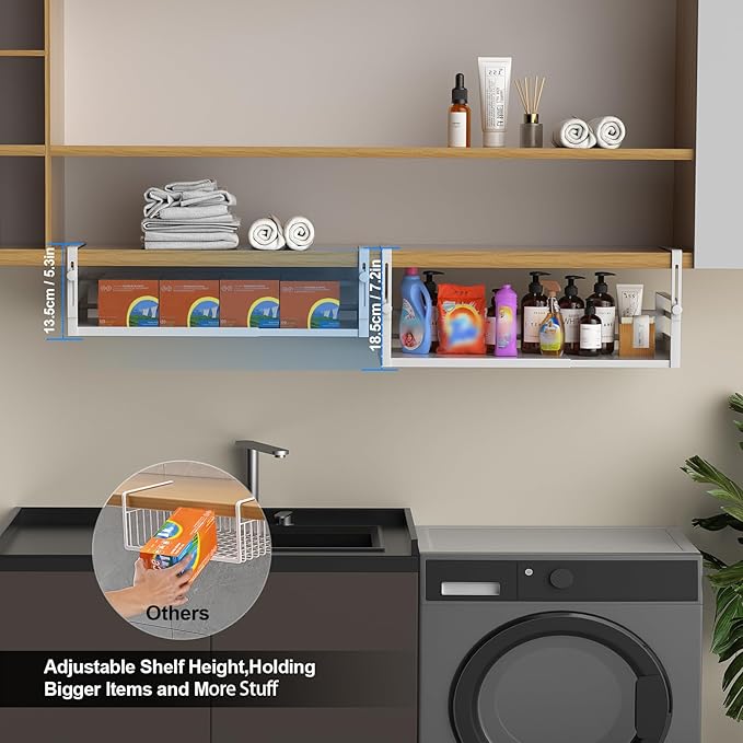 AmonHouseware 2Pack Under Shelf Basket Organizer, Adjustable Under Cabinet Shelf Storage, Hanging Holder Length Stretchable 13-21Inch for Kitchen Pantry Desk Counter Bookshelf Cupboard (White)